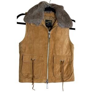 Two Percent Homme Vest Women Small Brown Pig Suede Rabbit Fur Collared Full Zip